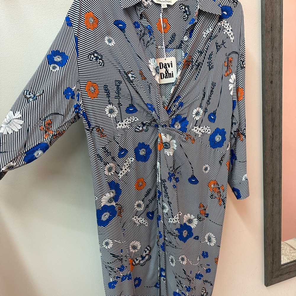DAVI & DANI Blue and Orange Floral Midi Dress - Picture 2 of 4